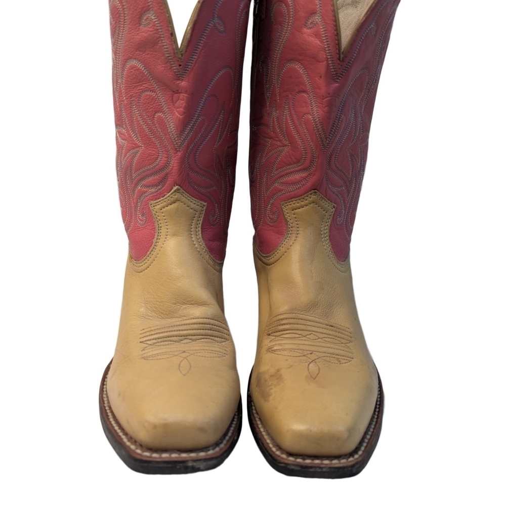 Ariat Women Tan Pink Leather Square Toe Western Boots Style 15881 Size 9 B - Picture 2 of 11